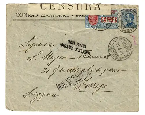 censored cover 1916 Milano to Zürich