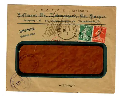 Strassbourg 1919 mit Zensur in Karlsruhe