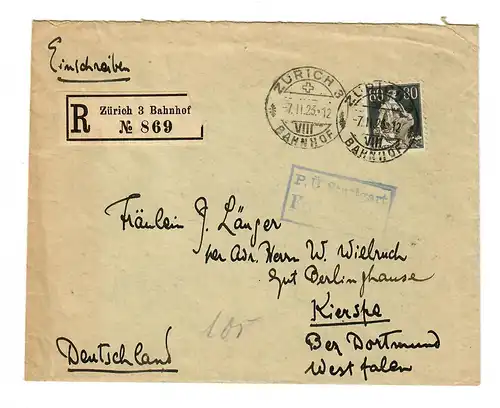 Einschreiben Zürich Bahnhof 1923 nach Kierspe, Postüberwachung Stuttgart Zensur