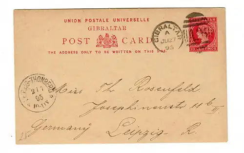 Post card Gibraltar 1895 to Leipzig.