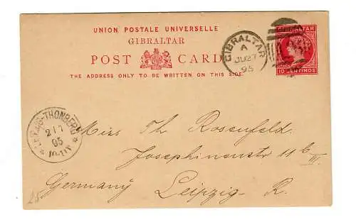 Post card Gibraltar 1895 to Leipzig.