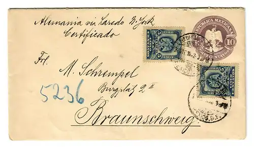 Registered (see reverse) Distrikt Federal to Braunschweig 1902