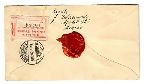 Registered (see reverse) Distrikt Federal to Braunschweig 1902