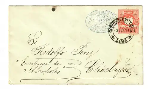 Ganzsache von Lima nach Chiclayo, kleines Nadelloch links der Wertziffer, 1894