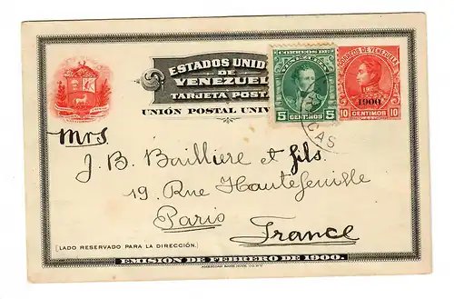 Ganzsache mit Zusatzfrankatur Caracas nach Paris 1904
