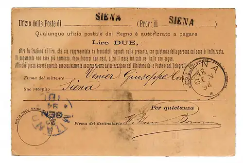 Geldanweisung/Cartolina-Vaglia 1894, Milano