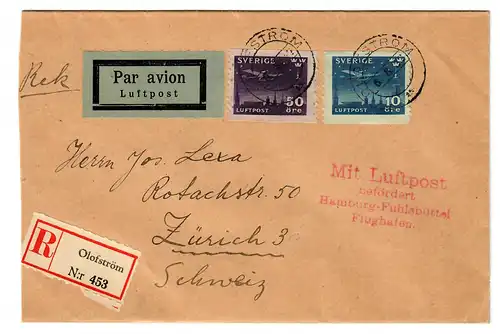 Einschreiben Air Mail Olofström 1932, Luftpost Hamburg-Fuhlsbüttel nach Zürich
