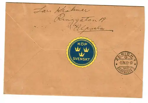 Einschreiben Air Mail Olofström 1932, Luftpost Hamburg-Fuhlsbüttel nach Zürich