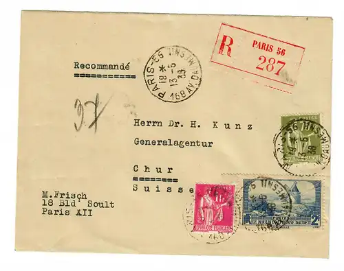 Einschreiben Paris nach Chur / Schweiz 1938