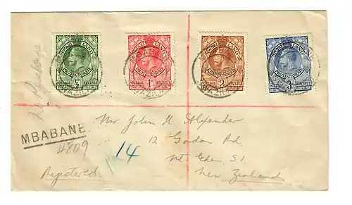 Lettre de Mbabane vers le New-Zealand 1936