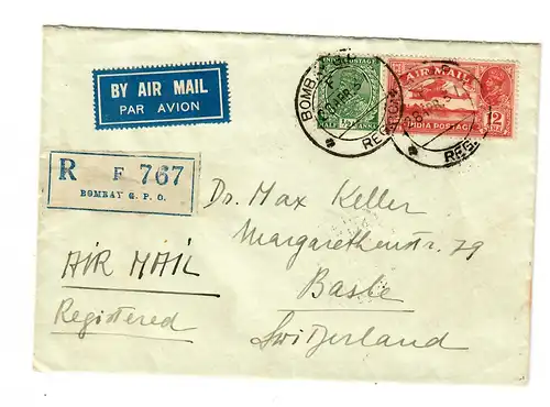 Lettre recommandée Bombay, poste aérien vers Bâle/CH 1937, LLOYD Triestino