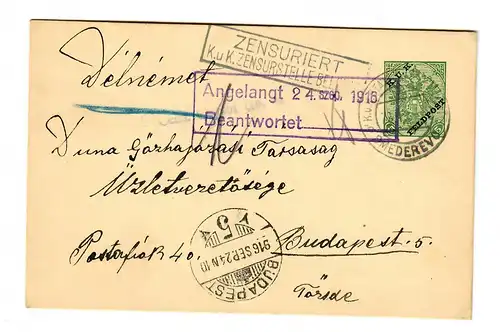 Postkarte KuK Feldpost Smederevo nach Budapest 1916, Zensuriert