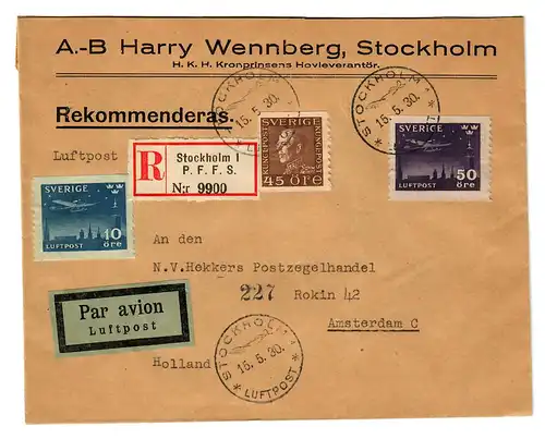 Poste aérien recommandé Stockholm vers Amsterdam 1930.