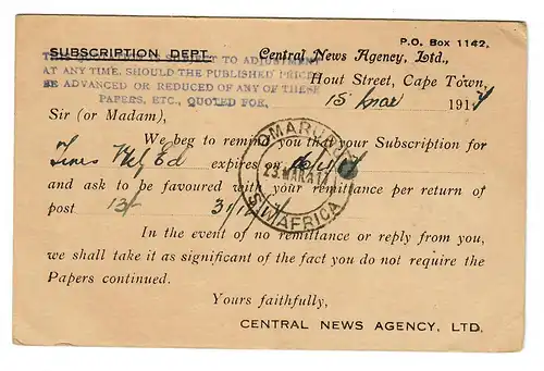 Ganzsache Cape Town 1917 mit Zensur