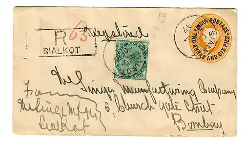Lettre recommandée Sialkot après Bombay 1897