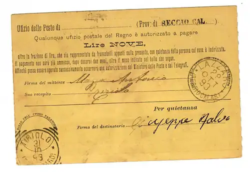 Geldanweisung Gatanzaroi nach Riziolo 1893
