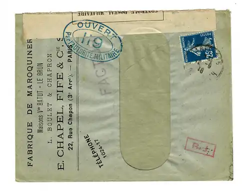 Paris 1916 Maroquinerie/Lederwaren mit Zensur nach Lausanne