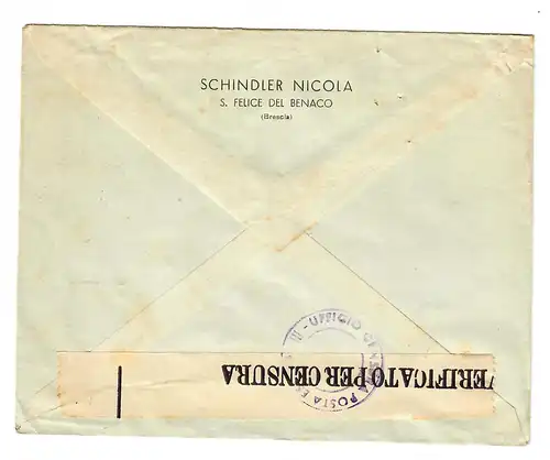 Lettre de S. Felice del Benaco à Rueti/Glarns, Suisse, 1941, censure