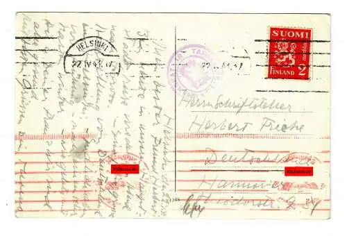 Ansichtskarte Helsinki Stadion Helsingfors 1941 nach Hannover, Zensur