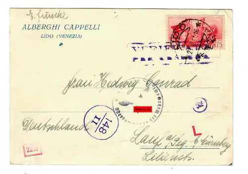 Postkarte Lido Venezia nach Lauf, Zensur 1941