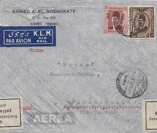 Ägypten/Egypte: 1938: Luftpost Brief Cairo nach Finsterwalde, Gummifabrik, Zoll