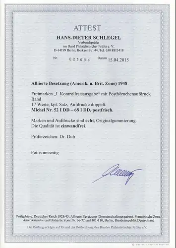 Bizone: Mi Nr. 52-68 I DD, frais, avec BPP Attest