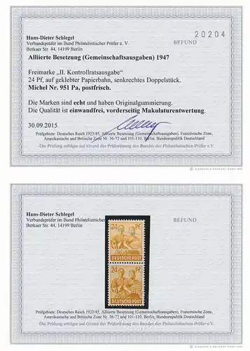 Alliierte Besetzung: MiNr. 951 Pa, **, geklebte Papierbahn, BPP Befund