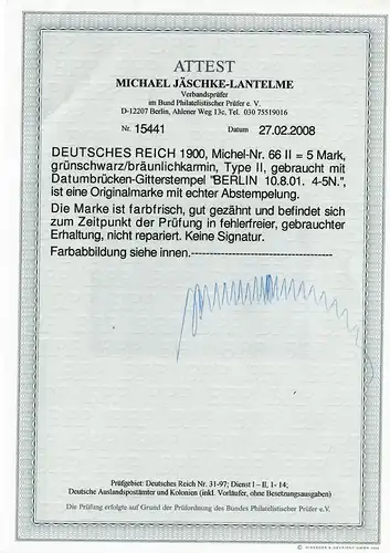 Reich allemand 1900: MiNr.: 66 II, cacheté Berlin, ECHT: BPP Attest