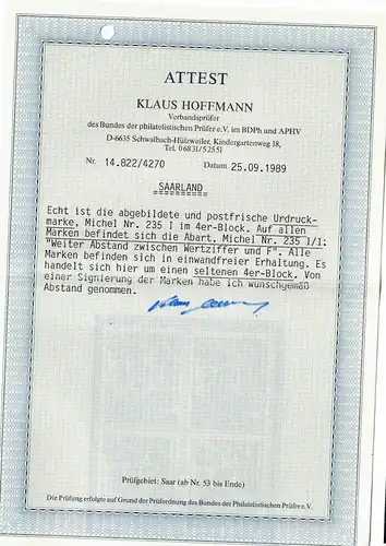 Saarland: MiNr. 235 I und  I/I, Viererblock mit Abart, postfrisch, ** BPP Attest