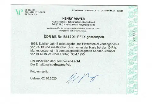 DDR: MiNr. Block 12 XI Plattenfehler IX, gestempelt Ersttag 1955, VPP Befund