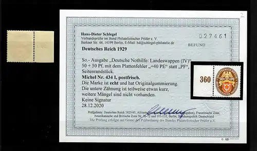 Deutsches Reich: MiNr. 434 I, postfrisch, **, Seitenrand mit BPP Befund