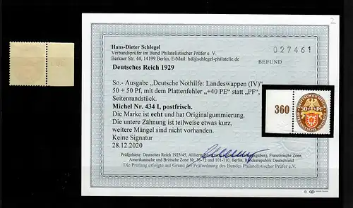 Reich allemand: MiNr. 434 I, frais, **, bord de page avec résultat BPP