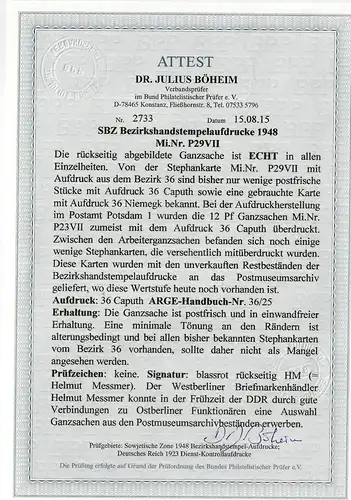 SBZ: entier Min. 29 VII, frais, authentique, impeccable, BPP Attest