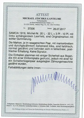 Samoa: MiNr. 20L - 22L, Leerfeld, postfrisch, **, BPP Attest