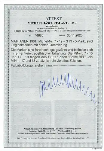 Marianen: MiNr. 7-19, postfrisch, ** mit BPP Fotoattest