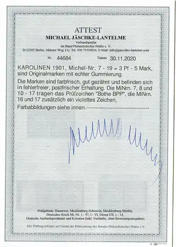 Karolinen: MiNr. 7-19, postfrisch, ** mit BPP Fotoattest