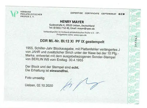 DDR: MiNr. Block 12 XI Plattenfehler IX gestempelt, VPP Befund, Ersttag