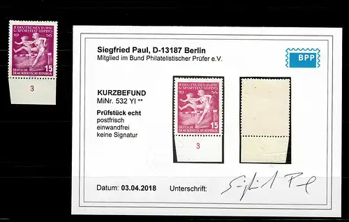DDR: MiNr. 532 YI, postfrisch vom Unterrand, BPP Befund