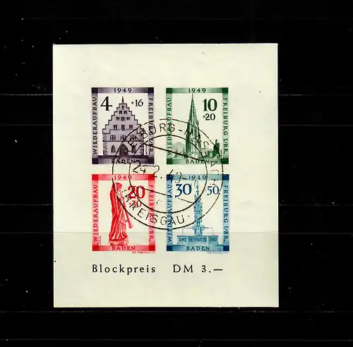 Baden: MiNr. Block 1 B, gestempelt Freiburg, BPP geprüft