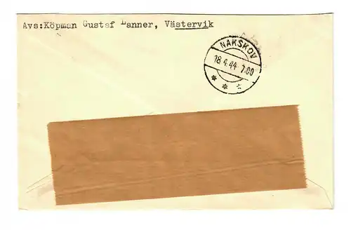 Inscrivez-vous P.F. F.S. Stockholm à Nakskov, Danemark, contrôle postal 1944