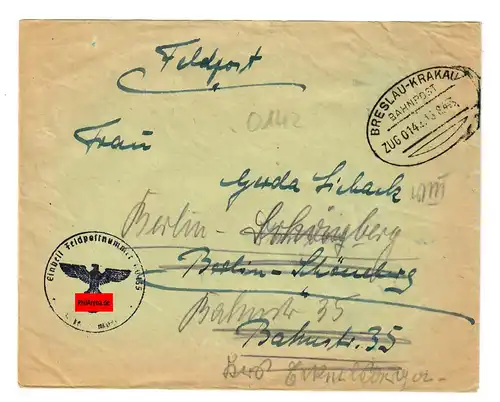 GG Bahnpoststempel: Breslau - Krakau, Nr. 0142: FP Brief nach Berlin