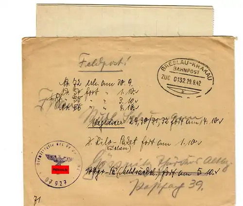 Tampon de la poste GG: lettre de Wroclaw-Cracovie, train n° 132, 1942