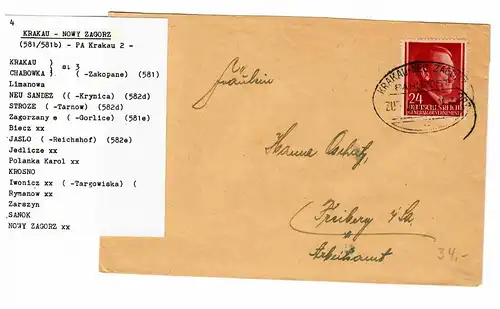 GG Tampon de la poste ferroviaire: Cracovie - Neu Zagorz/Bahnpost vers Freiberg