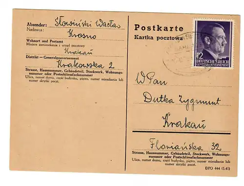 Tampon de poste GG: Cracovie - Nouveau Zagorz sur carte postale 1944
