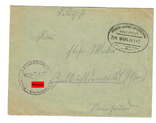 Tampon de poste GG: Revue de la poste de Poznan-Kutno sur lettre de courrier de champ
