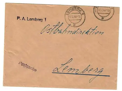 GG Postsache P.A. Lemberg 1 an Ostbahndirektion Lemberg 1943