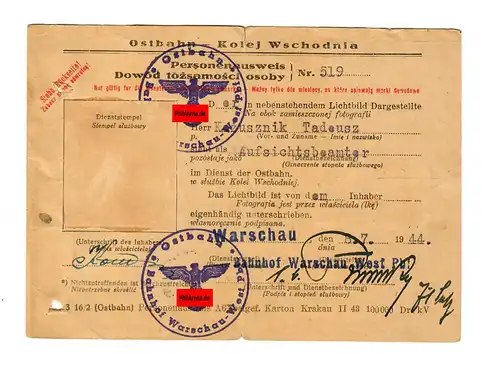GG Ostbahn: Personenausweis Aufsichtsbeamter Warschau 1944