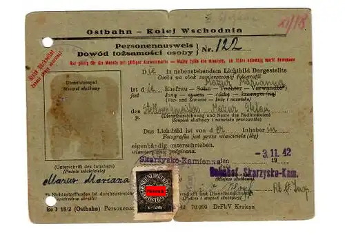 GG Ostbahn: carte de séjour Skarcysko Kamienna 1942, timbres mensuels
