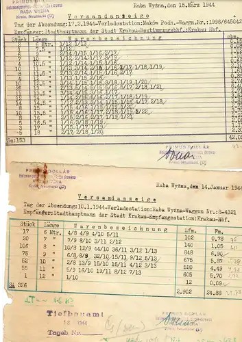 GG: Ostbahn: 2x Raba Wyzna 1944, Versandanzeige nach Krakau-Hbf.