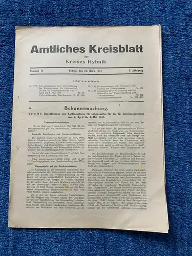 GG: Amtliches Kreisblatt Rybnik: 26.3.1941: Kartenstystem für Lebensmittel, ...